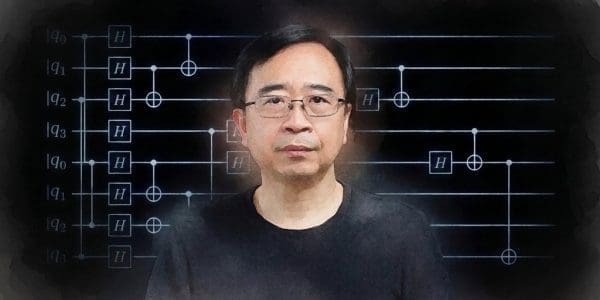 Watercolour portrait of Pan Jianwei against a quantum circuit diagram