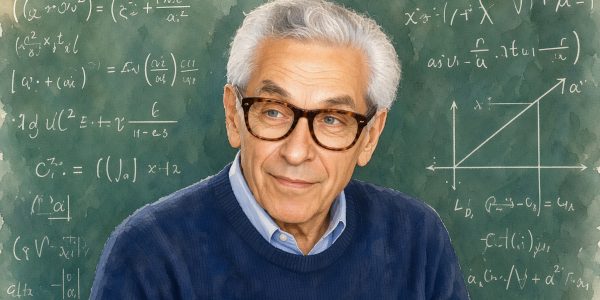 Watercolour portrait of Paul Erdos at a blackboard, wearing his heavy dark-rimmed glasses