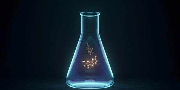 Laboratory flask holding a glowing molecule