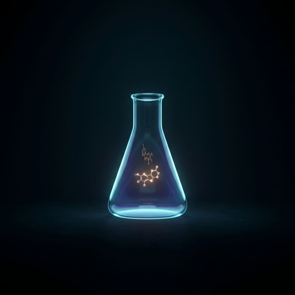 Laboratory flask holding a glowing molecule