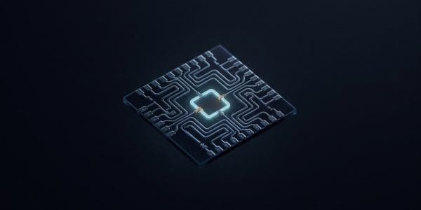 Qubit chip glowing in darkness