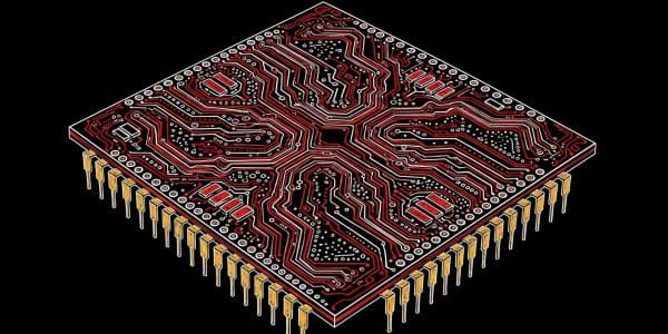 Microchip with red circuit traces and gold connector pins on a black background