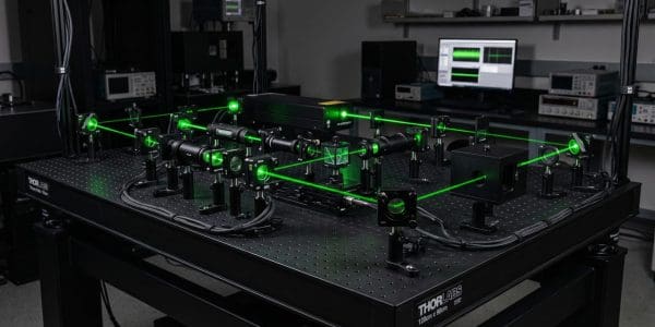 A complex optical setup is displayed on a dark table in a laboratory setting, dominated by green laser beams.