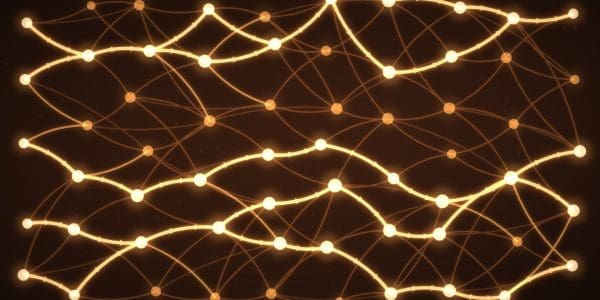 An abstract directed graph of glowing nodes and curved paths