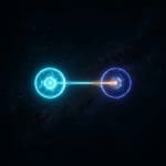 Two glowing spherical orbs, one cyan and one deeper blue, connected by a thin bright filament of light across a dark starry expanse.