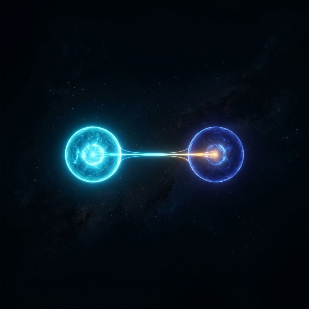 Two glowing spherical orbs, one cyan and one deeper blue, connected by a thin bright filament of light across a dark starry expanse.