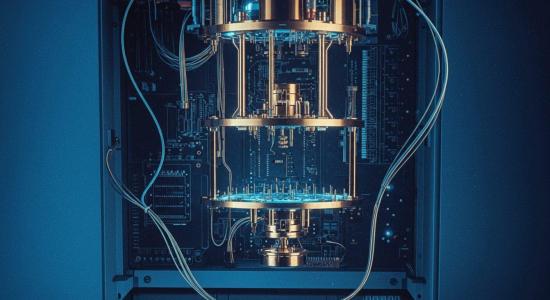 A quantum computer's cryogenic assembly, with gold-plated cooling stages and coaxial wiring inside a rack