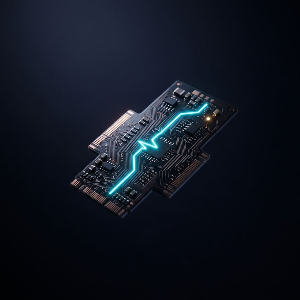 A small dark printed circuit board with a glowing cyan zigzag light line running across its surface, set on a dark reflective background.