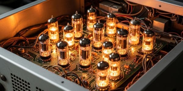 An array of glowing vacuum tubes mounted on a circuit board within an open metal chassis.