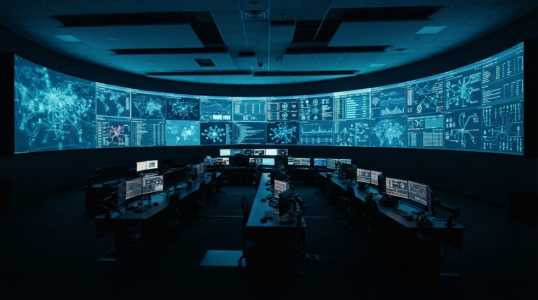 A darkened operations room facing a curved wall of monitoring displays