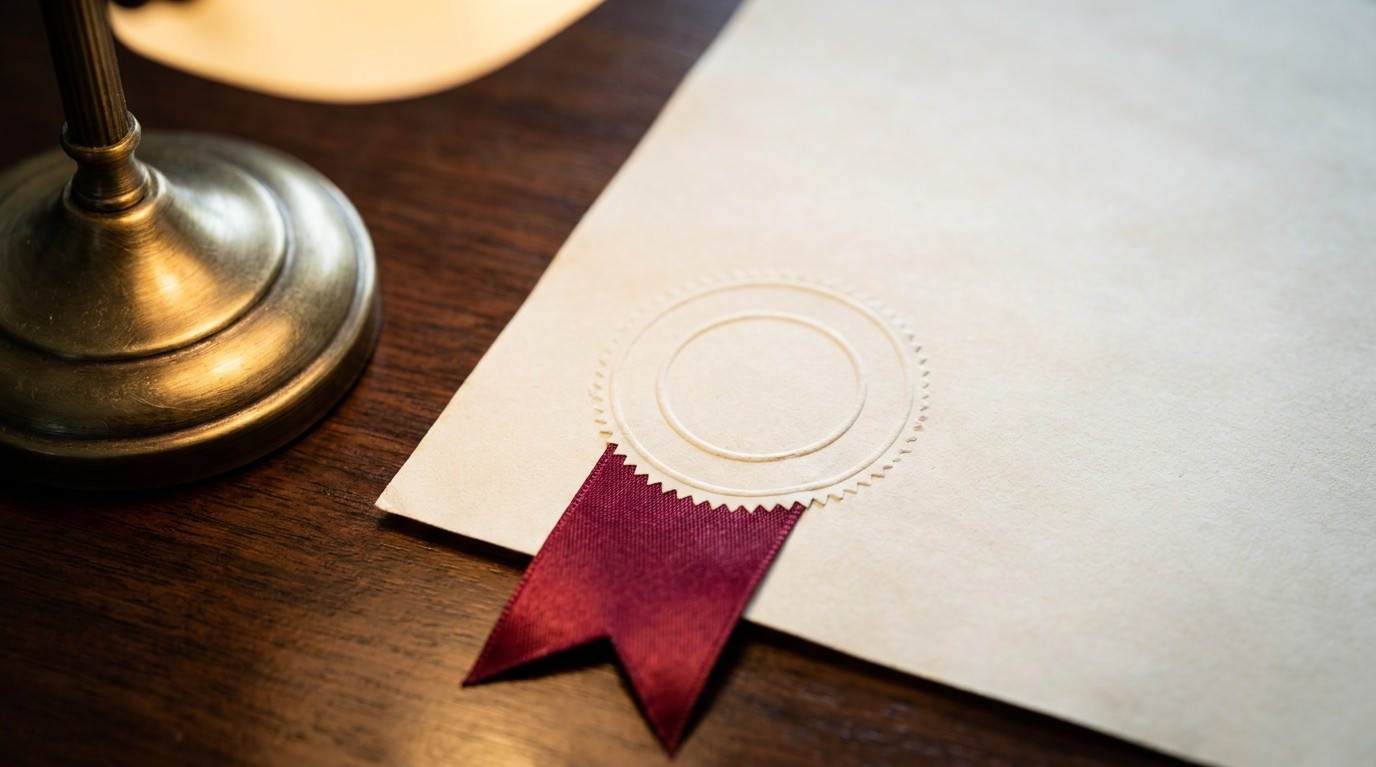 An embossed official document with a blind seal under a desk lamp