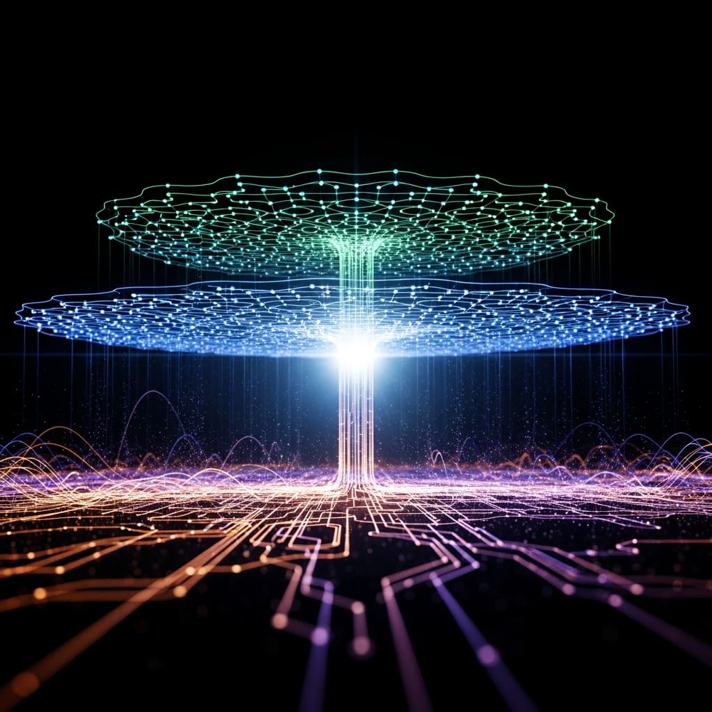 Layered neural transformer grid merging with glowing quantum circuit beneath it, subtle noise particles enhancing signal intensity instead of degrading it, bright unified output node at center