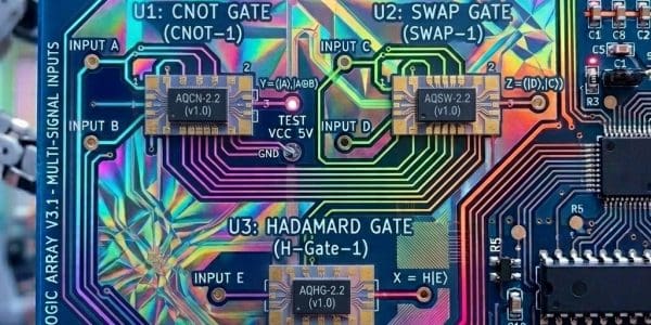 Quantum circuits imagined as a holographic logic board with CNOT, SWAP and Hadamard gate chips