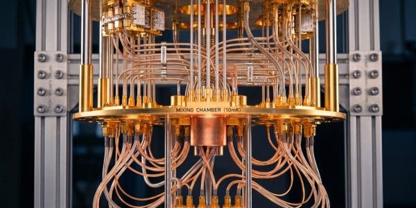 Gold dilution refrigerator chandelier of a superconducting quantum computer with labelled cooling stages