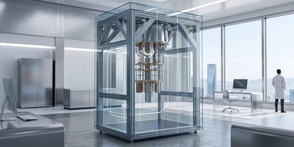 A quantum computer in a glass case in a modern office