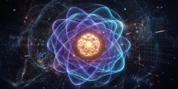 An atom drawn as overlapping electron orbitals