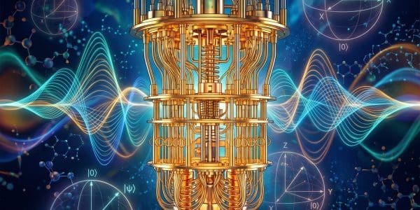 Golden cryostat surrounded by Bloch-sphere axis diagrams