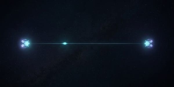 Two small glowing blue orb-like nodes connected by a thin horizontal beam of light against a dark starfield.