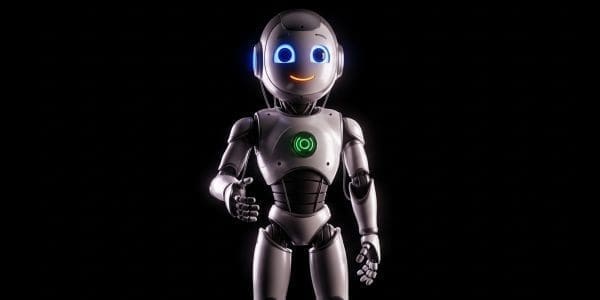 Cheerful humanoid robot with lit chest