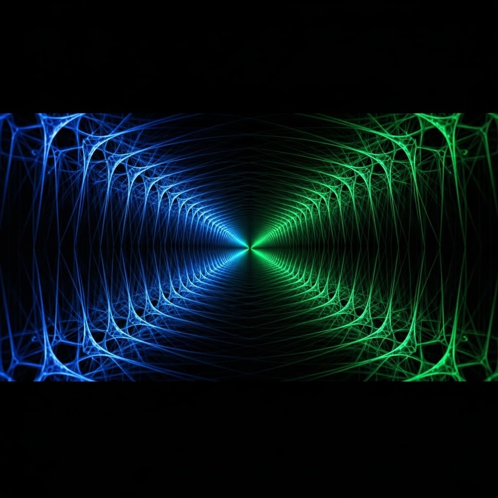 Fractal quantum matter structure repeating at multiple scales, zoomed layers nested within each other, glowing self-similar lattice patterns, deep black background, cinematic minimal render