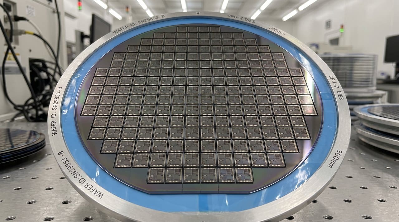 A 300mm wafer patterned into individual dies