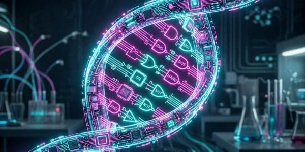 DNA strands wired into a digital-logic schematic