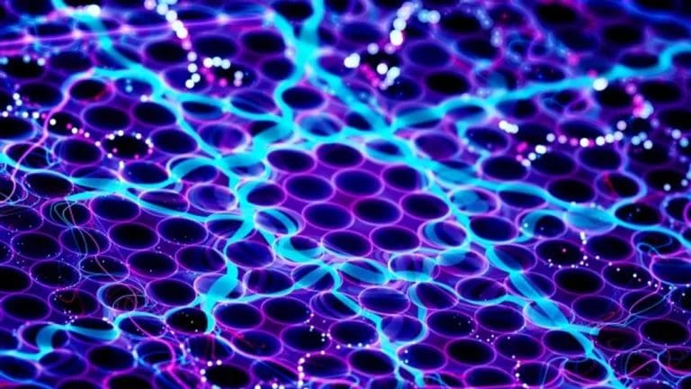 Abstract glowing lattice of interconnected circular nodes in purple and blue tones, representing quantum superposition and entangled particle networks