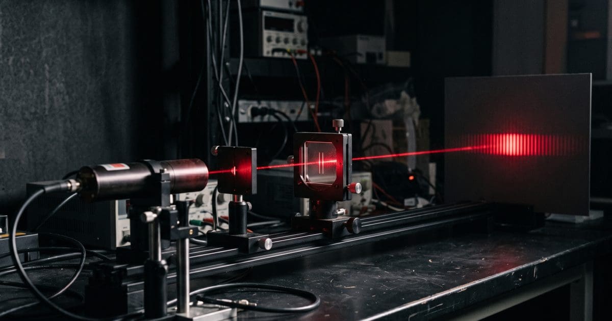 Red laser passing through a slit on an optical rail and making an interference pattern on a screen