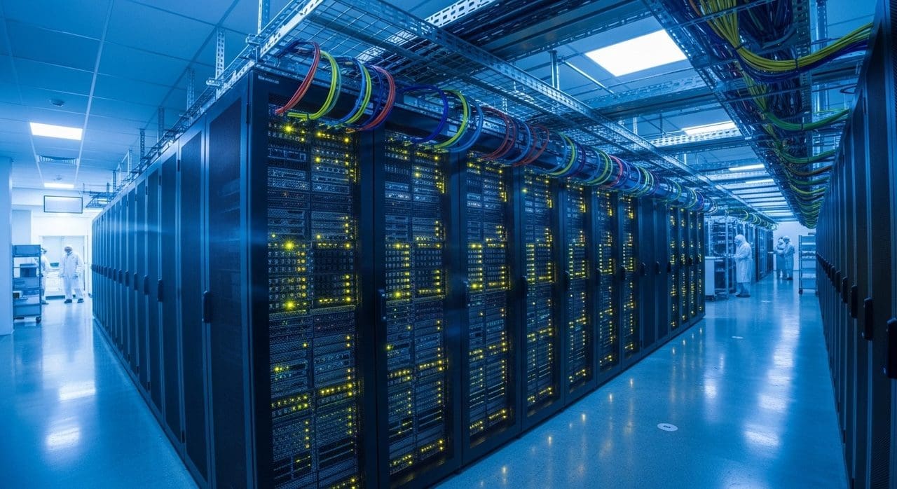 A blue-lit server room