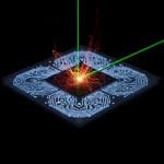 Superconducting quantum chip suspended in deep black space, delicate circuit loops glowing faintly, a focused spectroscopy beam scanning across the surface, subtle energy decay trails fading from specific regions to reveal hidden flaws