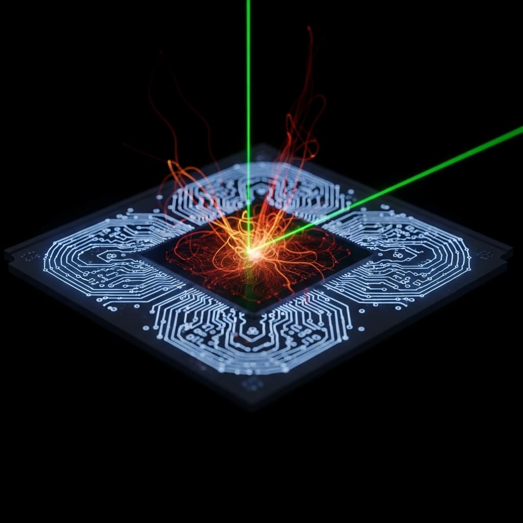 Superconducting quantum chip suspended in deep black space, delicate circuit loops glowing faintly, a focused spectroscopy beam scanning across the surface, subtle energy decay trails fading from specific regions to reveal hidden flaws