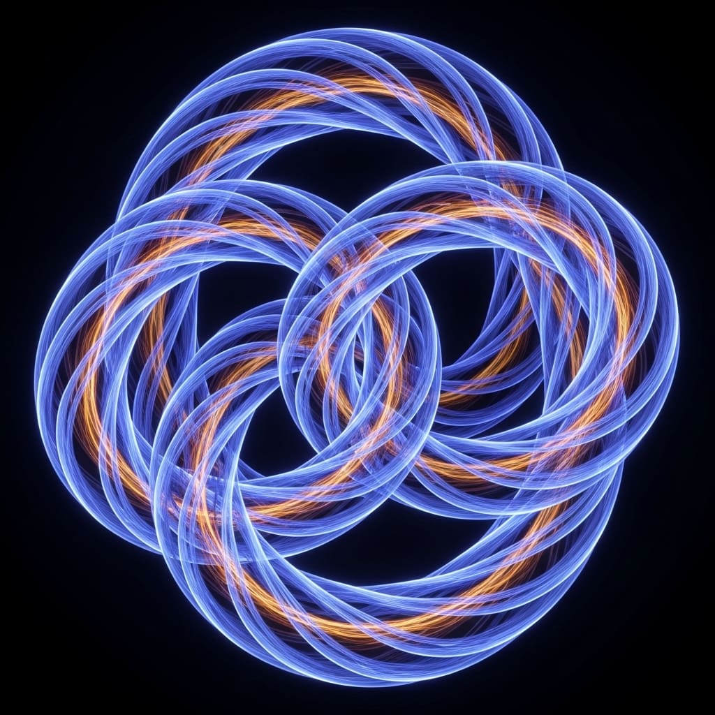Two quasiparticle paths braiding around each other in smooth intertwined loops, glowing trails forming stable topological knot, dark minimal background
