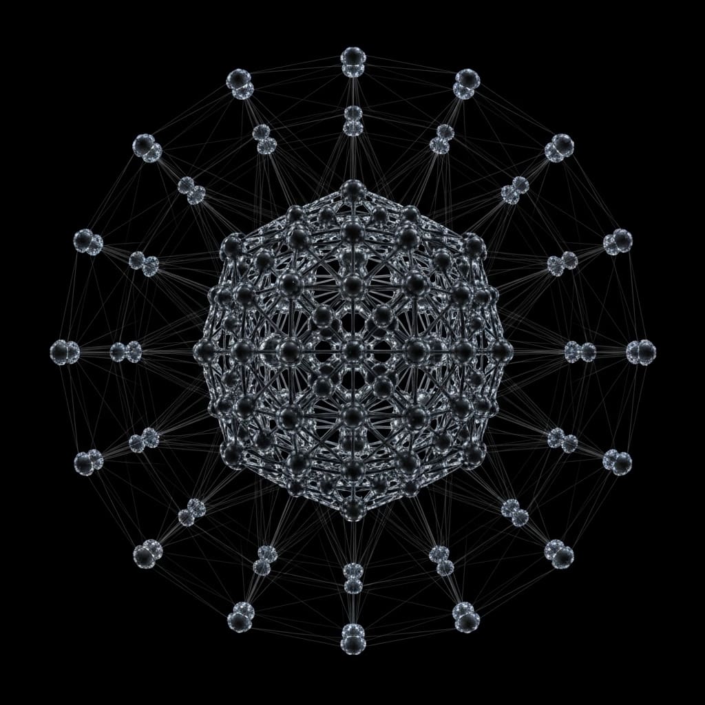 Structured logical qubit lattice surrounded by evenly spaced stabilizer nodes, overhead resources appearing constant and symmetric