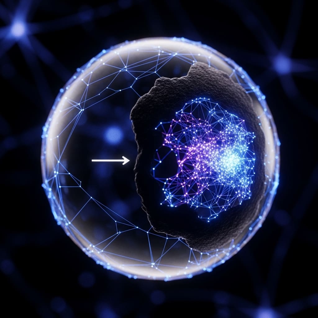 Qubit state sphere partially hidden by masking layer, neural overlay revealing concealed information patterns