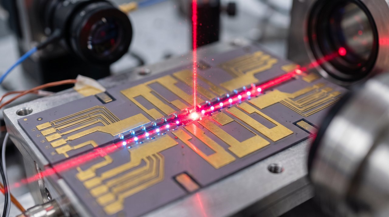 A chain of trapped ions glowing under a red laser