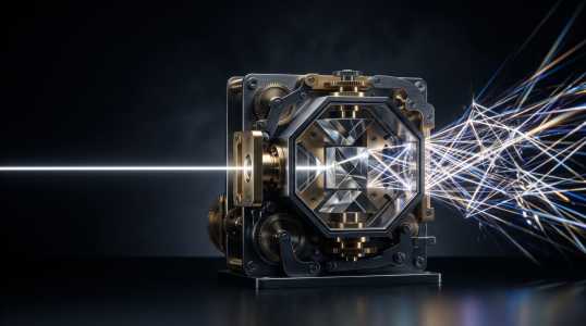 Single white beam entering a geared metal box with a crystal core and leaving as scattered rays