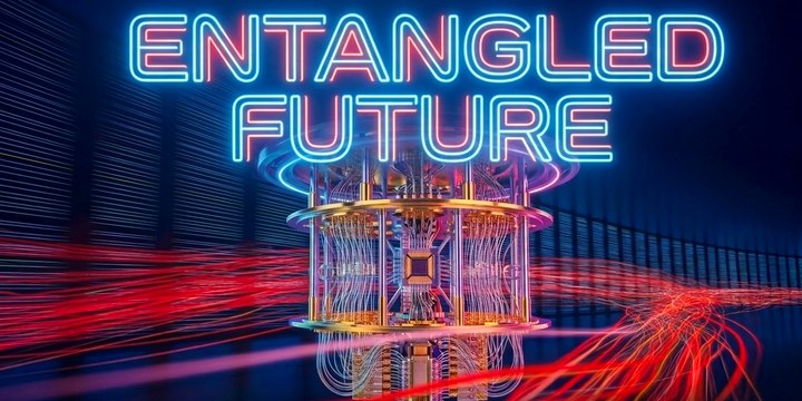 The Entangled Future neon sign glowing above a gold quantum computer assembly, with light trails running out to either side