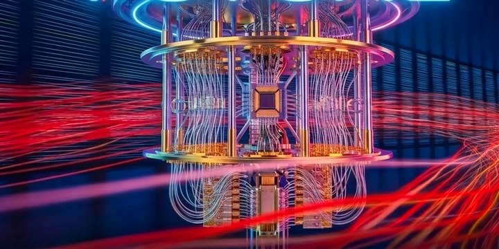 A quantum computer's gold cryogenic assembly lit by neon, with light trails running out to either side