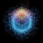 Neural network core extracting layered geometric features from raw data cloud, refined structured patterns emerging cleanly