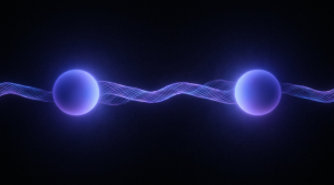 Two glowing purple spheres are connected by a vibrant blue wave pattern against a dark background.