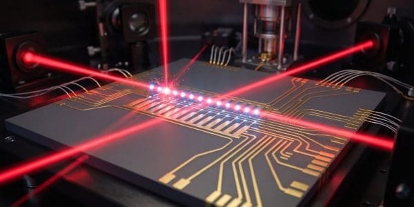 A complex microchip is illuminated by multiple red laser beams within a dark laboratory setting.