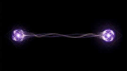 This abstract artwork features glowing purple energy connecting two spherical forms against a stark black background.