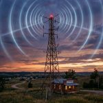 A radio antenna at night