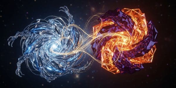 A blue spiral structure and an orange faceted crystal linked by glowing golden particle streams in space