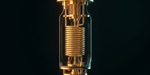 Gold dilution-refrigerator coil on dark background