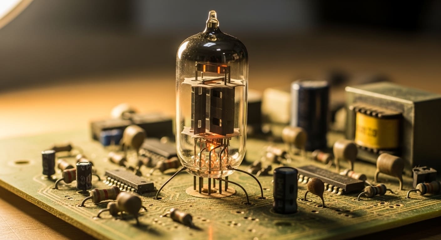 Single glowing vacuum tube in soft light