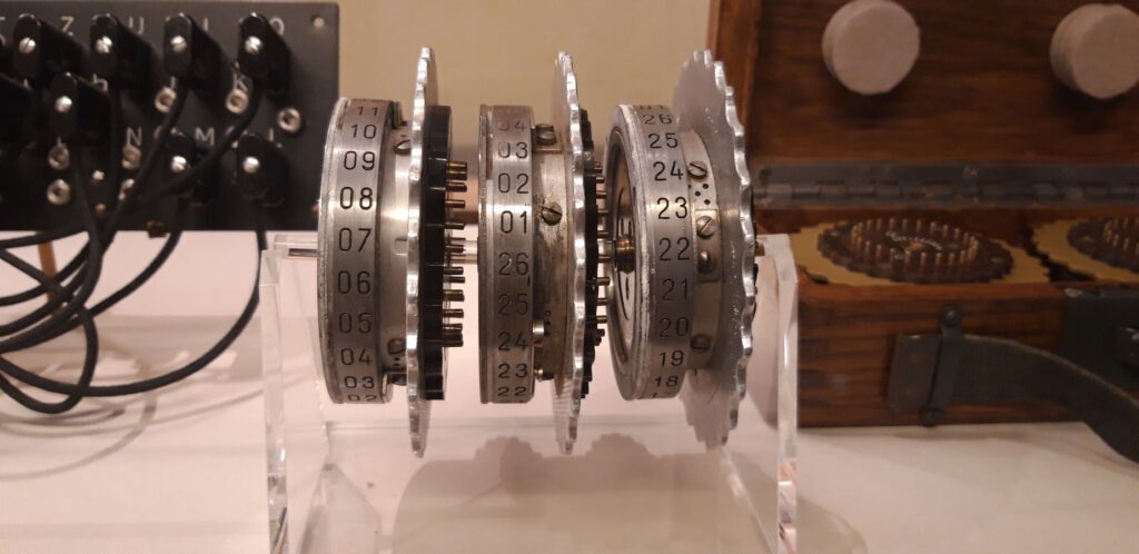 The rotor wheels and plug board from one of the Enigma machines. The Bombe device at BP aimed to recreate the coding of Nazi messages.