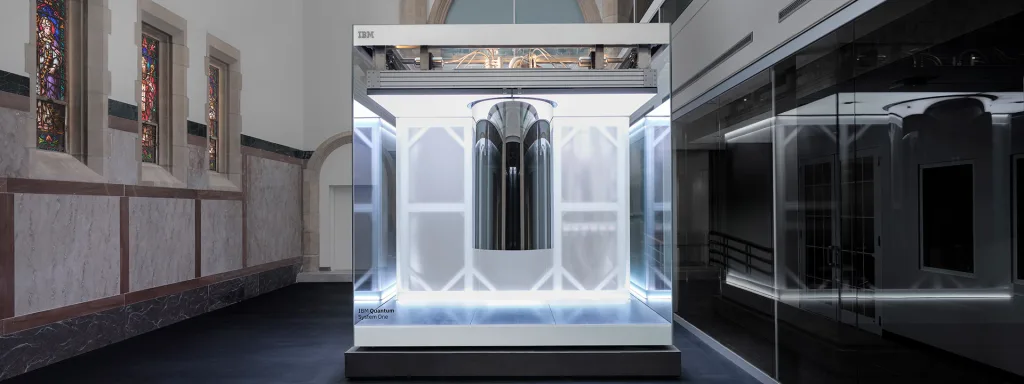 A photo of the utility-scale IBM Quantum System One, which was unveiled on April 5, 2024 in RPI's Voorhees Computing Center, a former cathedral. It is the first IBM Quantum System One to be installed on a university campus