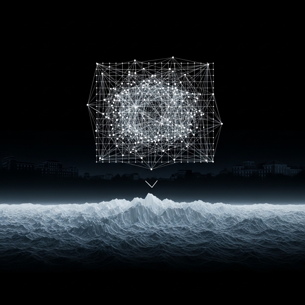 Abstract scheduling grid reorganizing into smooth optimized pattern, annealing energy landscape flattening beneath it