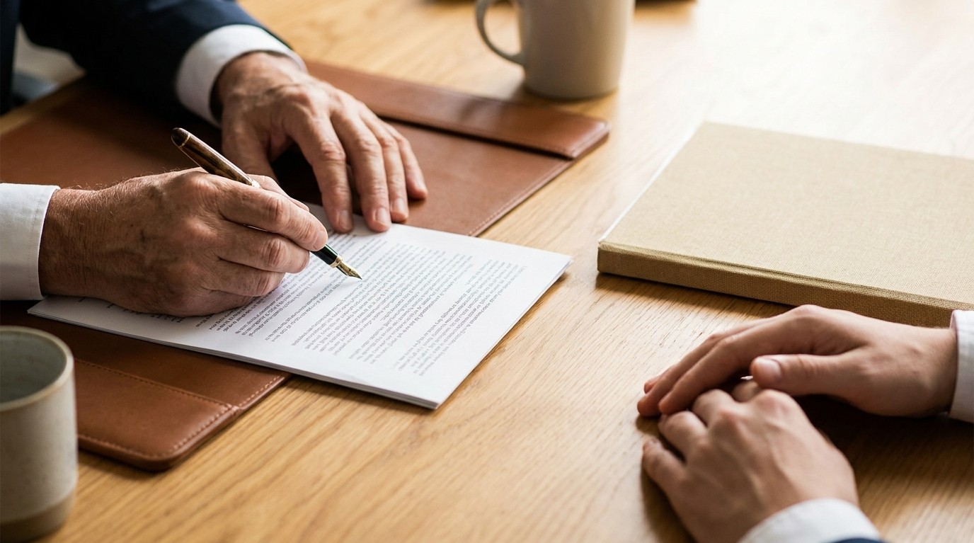 Two pairs of hands at a desk, one signing a document with a fountain pen